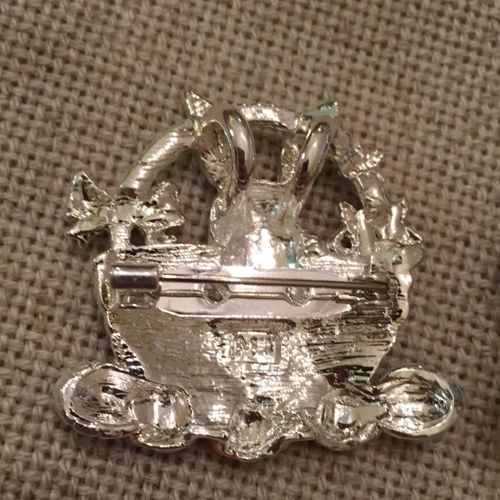 Rabbit in Easter Basket Silvertone & Enamel Easter Pin / Pendant